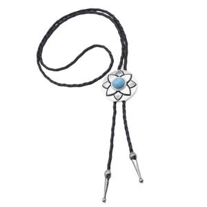 Western Bolo Tie Silver Tone Turquoise Black PU Leather Rope Cowboy Cowgirl Core